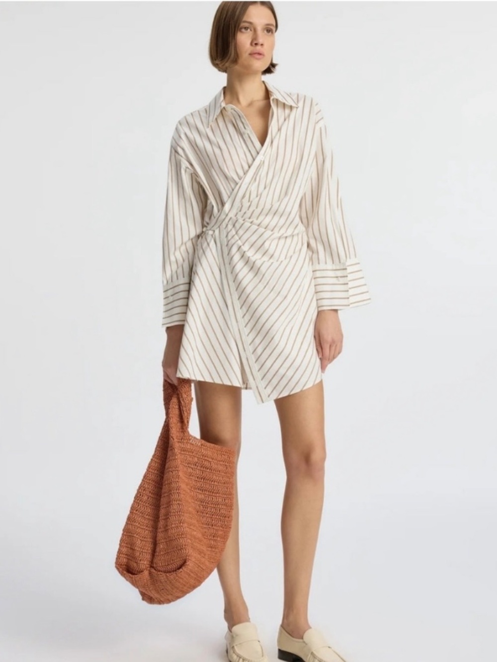 A.L.C. Twist Front Striped Shirt Dress White Brown Size 6
